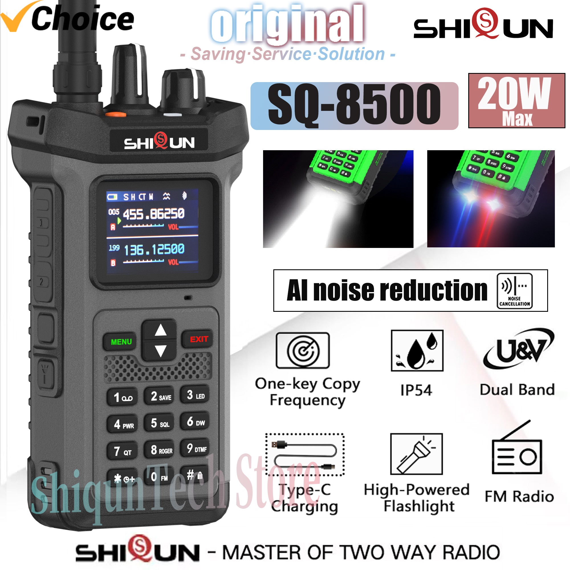 SQ-8500 20 ワットハイパワートランシーバー AI ノイズリダクション逆充電強力な懐中電灯ストロボライト VHF UHF デュアルバンドラジオ
