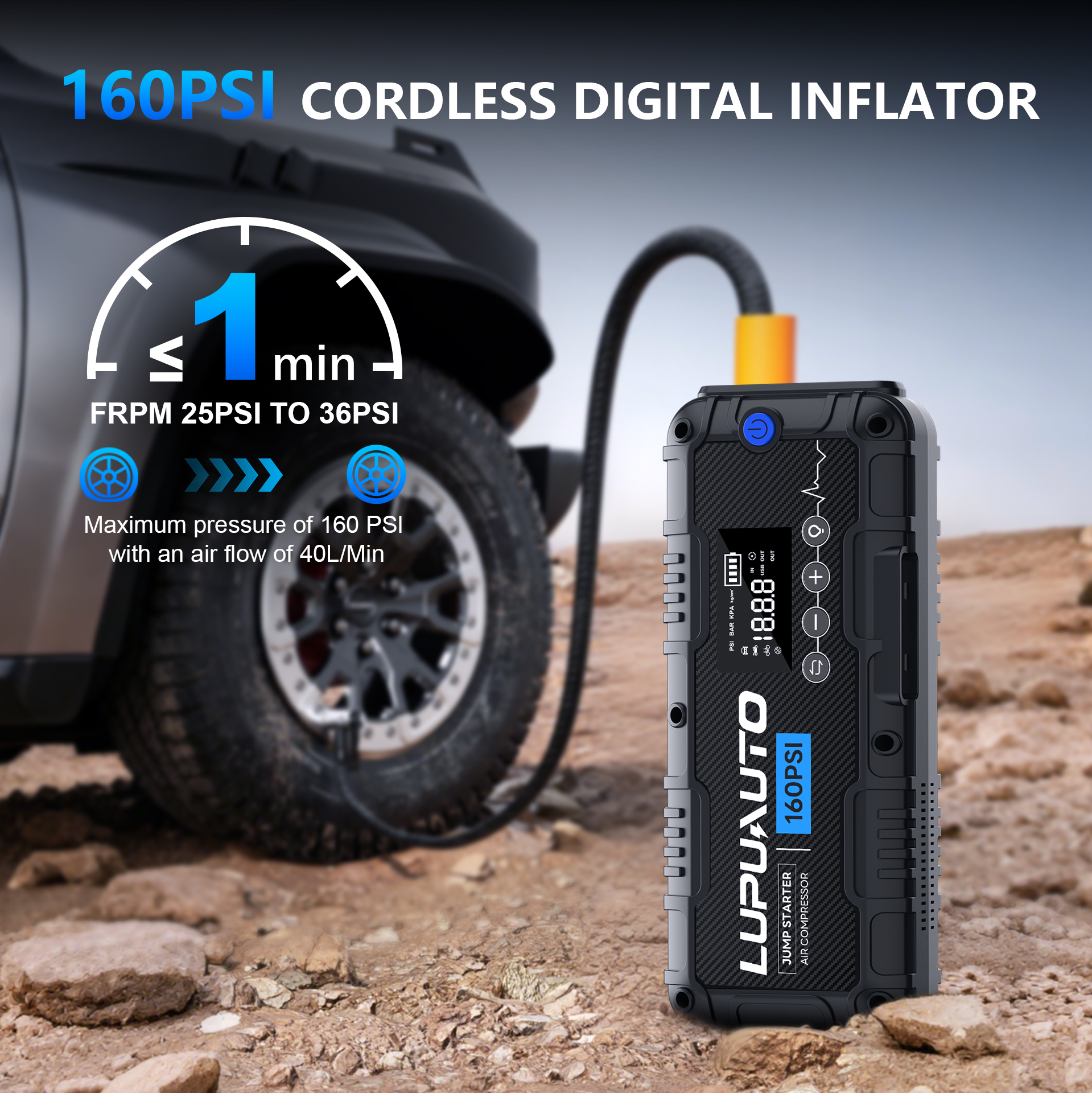4 In 1 Car Jump Starter with LED Lighting Portable 4000A Car Battery Charger Power Bank Tire Inflator Pump 160PSI Air Compressor Auto Battery Booster