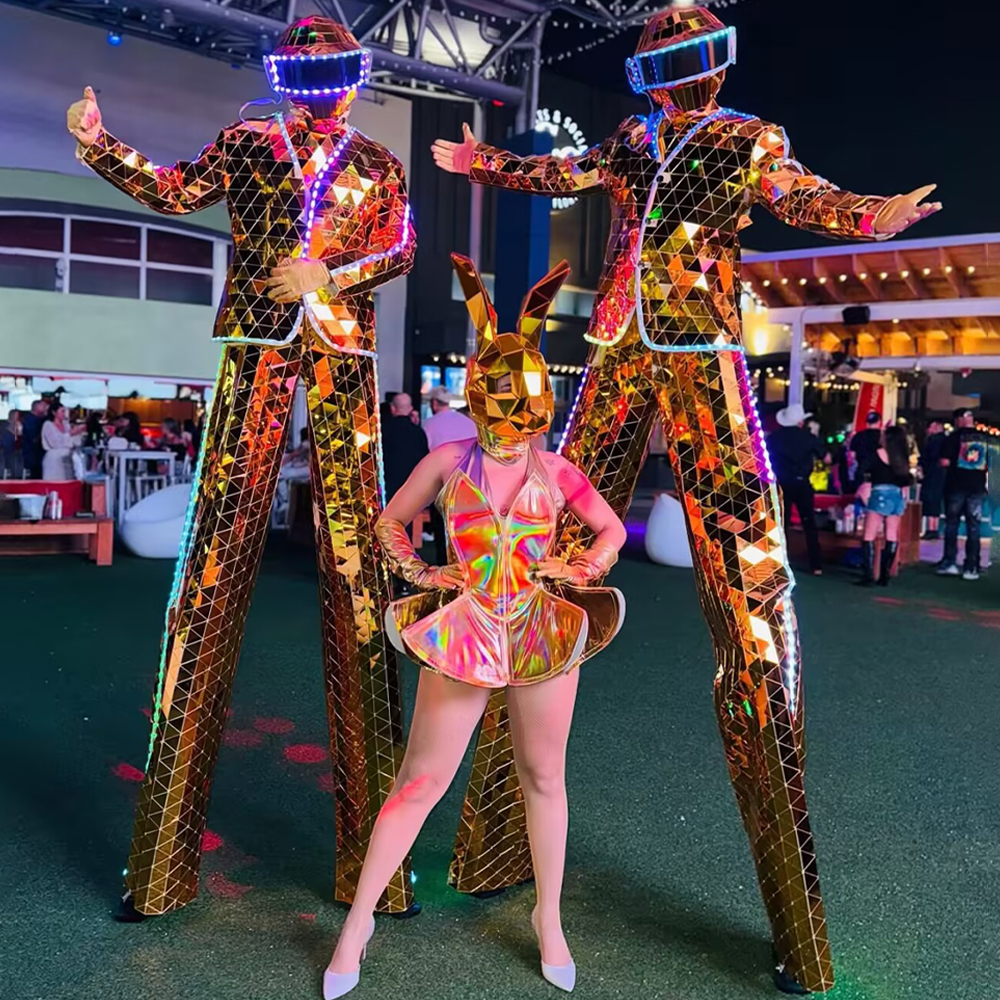 シルバーゴールドミラーコスチューム竹馬ウォーカーLEDロボットスーツコスチュームDJパーティーパフォーマンスショーダンスイースターハロウィンパーティー用
