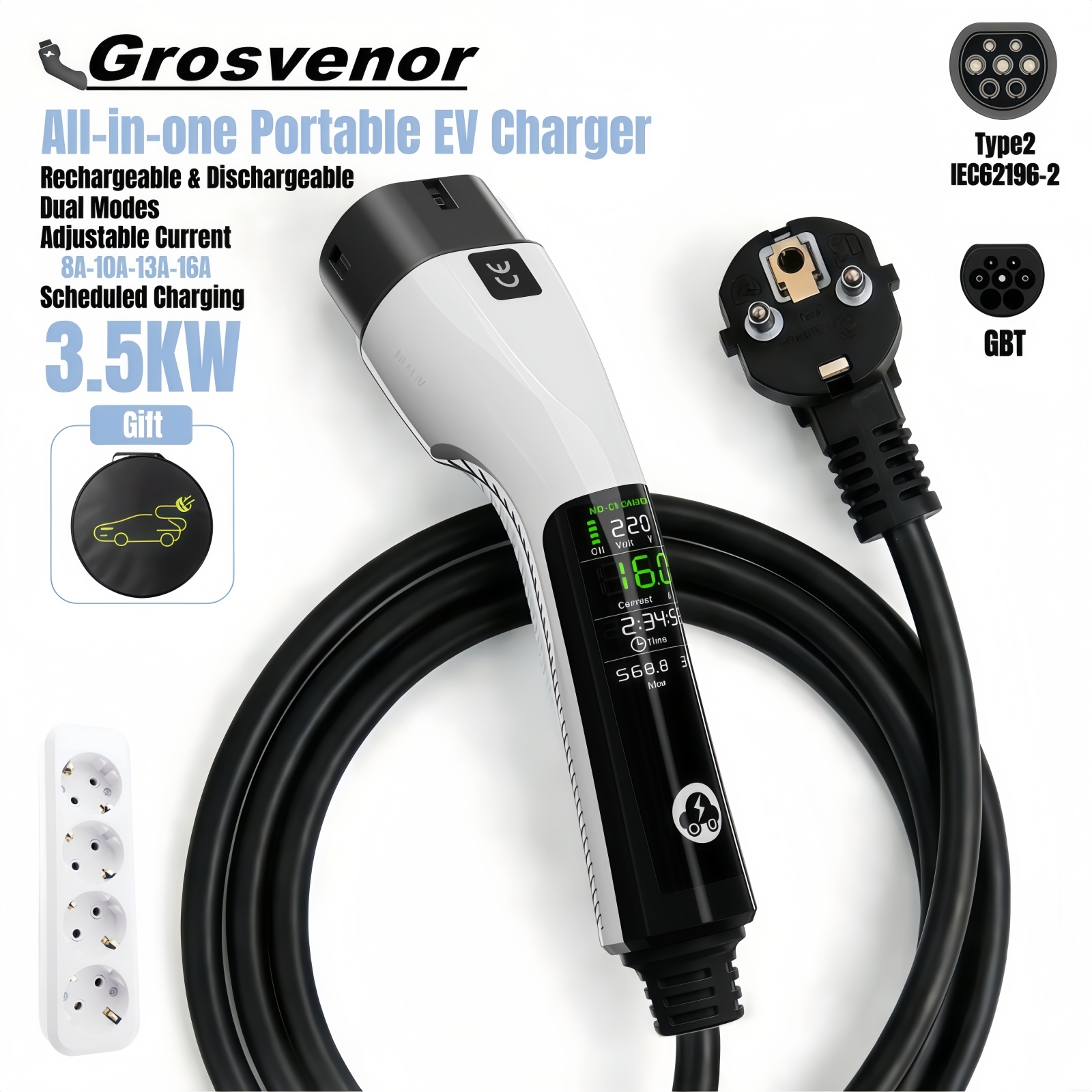 Type2 電気自動車充電器 3.5KW ウォールボックス 16A EV 充電器タイプ 2 GBT ポータブル EV 充電器 EU プラグ IEC62196-2 表示画面付き
