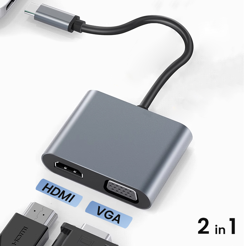 Type C to HDMI VGA 2 in 1 アダプター 4K@60hz USB C to VGA スプリッター スクエア ポータブル USBC VGA to HDMI コンバーター MacBook iPad 用 Dell