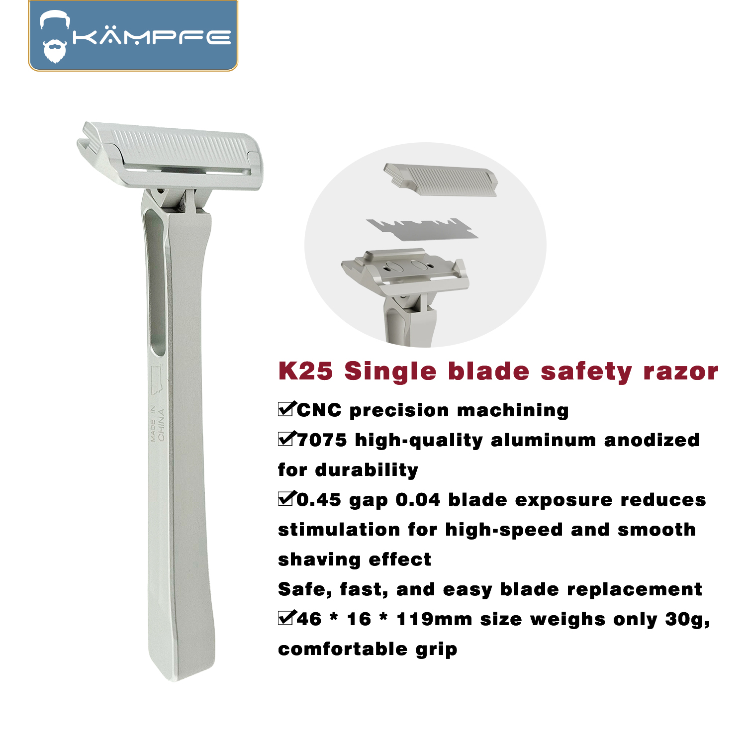 KAMPFE K25 手動シングルブレード安全シェーバー CNC 精密機械加工アルミニウムかみそりマイルドシェービング