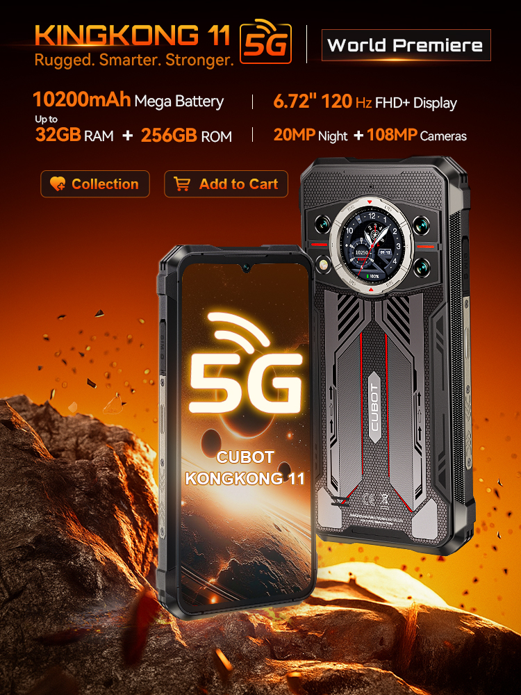 Cubot 頑丈なスマートフォン 5G キングコング 11、Android 15、最大 32GB RAM 256GB ROM、108MP カメラ、10200mAh、デュアルスクリーン、MTK7025、6nm