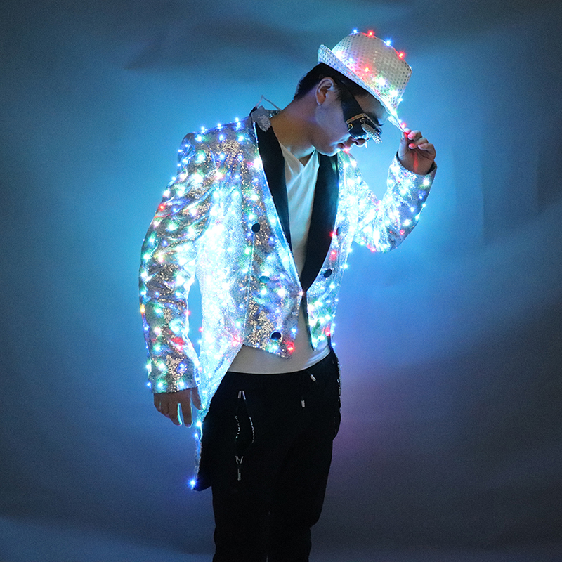 新しいファッションカラフルなアゲハチョウ LED タキシードマジシャンパーティーホスト発光衣装光る服 LED 衣類ショー
