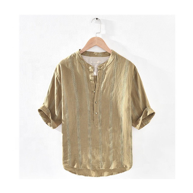 OEM 麻メンズシャツ半袖ボタンレトロメンズ Tシャツストライプカジュアルトップスブラウス半袖シャツ男性のための