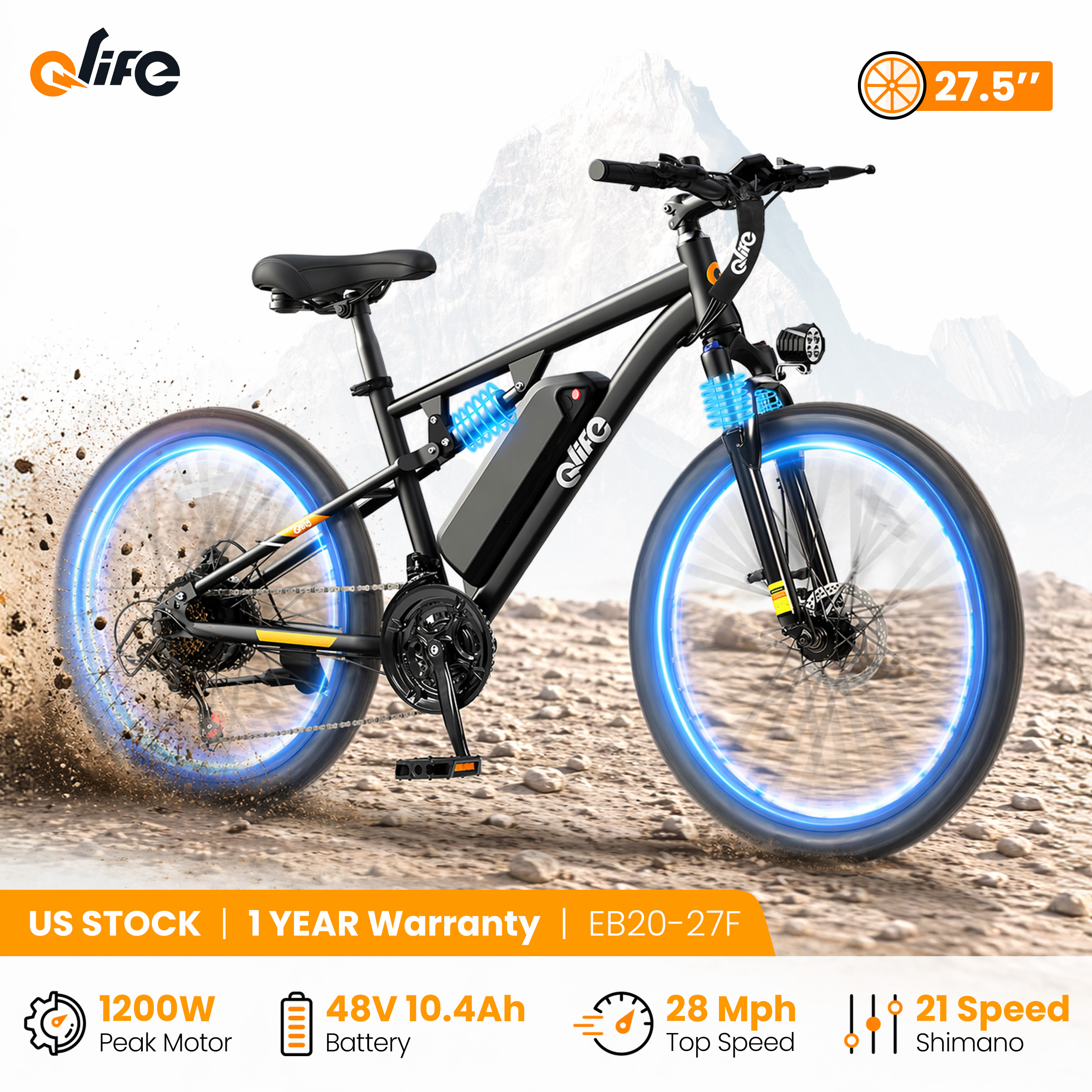 Qlife Racer 大人用ウルトラ電動自転車、ピーク1200W 48V 10.4Ah、27.5インチタイヤ電動マウンテンバイク、時速28マイル、55マイルオフロード電動自転車、フルサスペンション付き21スピード電動自転車