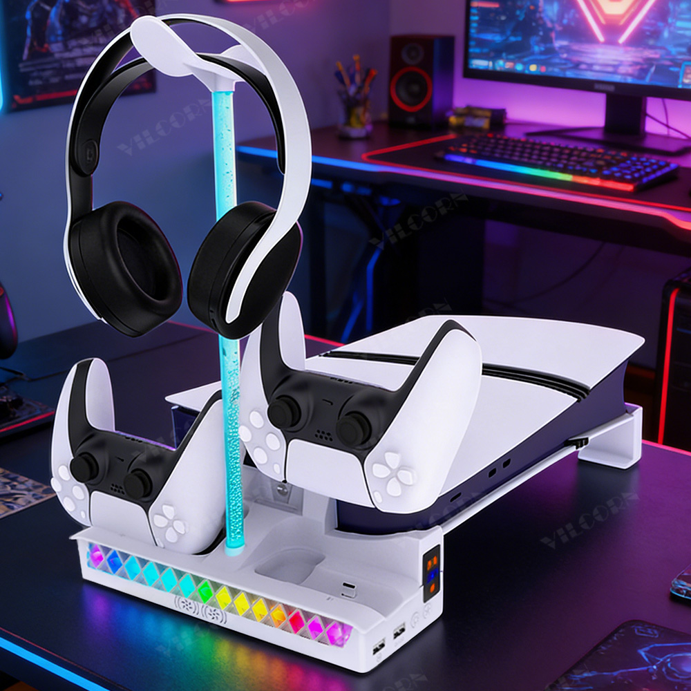 VILCORN フラッシュマウント PS5 スリム/プロ水平スタンド、アンビエント RGB、薄型冷却ステーションを備え、TV ユニットにシームレスに溶け込みます