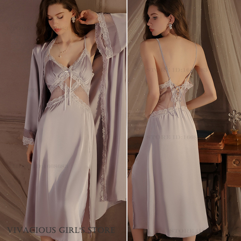 セクシーなレースの女性の Twinset ローブセット親密なランジェリー春夏パジャマ部屋着アイスシルクサテンロング寝間着ホームウェア
