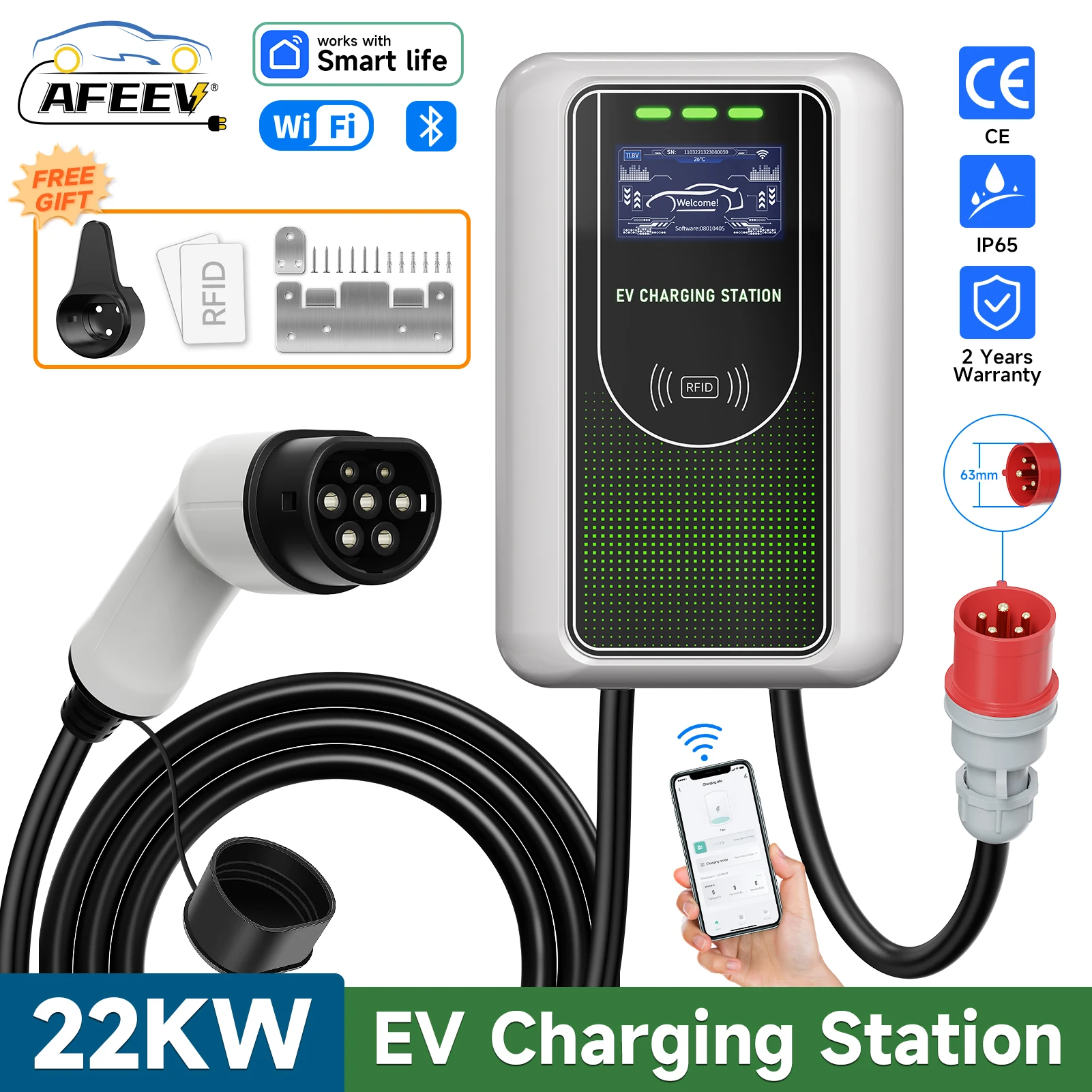 AFEEV 7KW/11KW/22KW EV 充電ステーション CEE プラグ Type2 IEC62196-2 3 相電気自動車充電器 EVSE ウォールボックス WiFi APP 制御