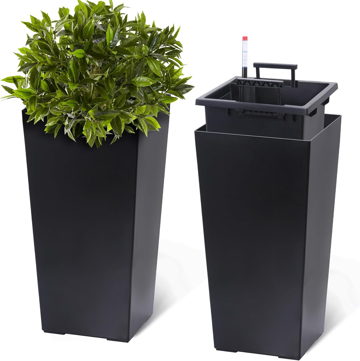 2 個の高さ 22.4 インチプランター屋内 & 屋外ブラックテーパープランター棚インサート付き自己吸収プラスチック植木鉢