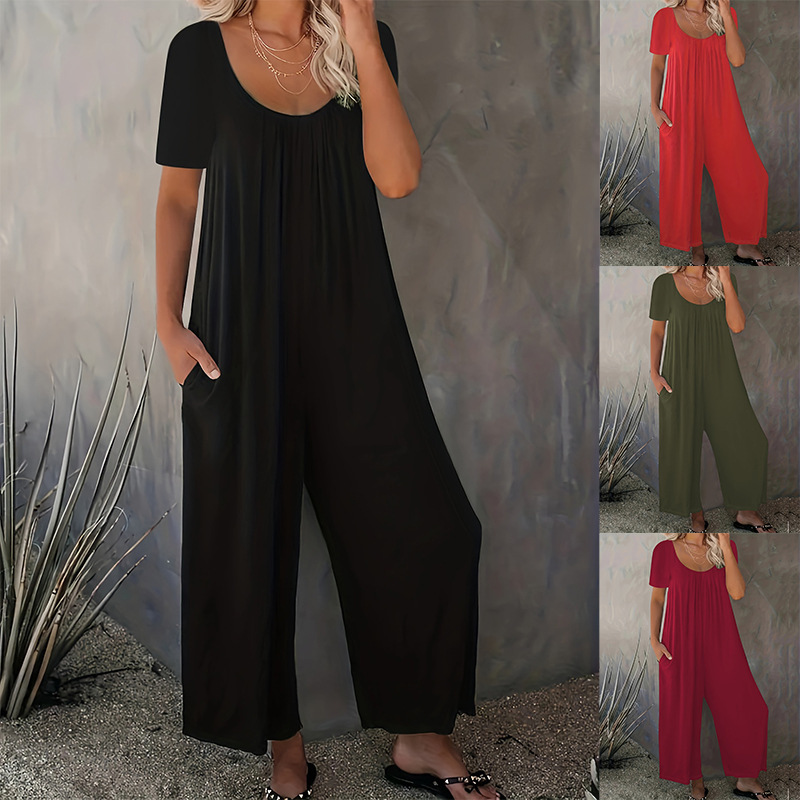 プラスサイズ 0XL-5XL 夏ロンパースオーバーオール女性の無地ジャンプスーツポケット付きカジュアルファッション半袖ジャンプスーツ