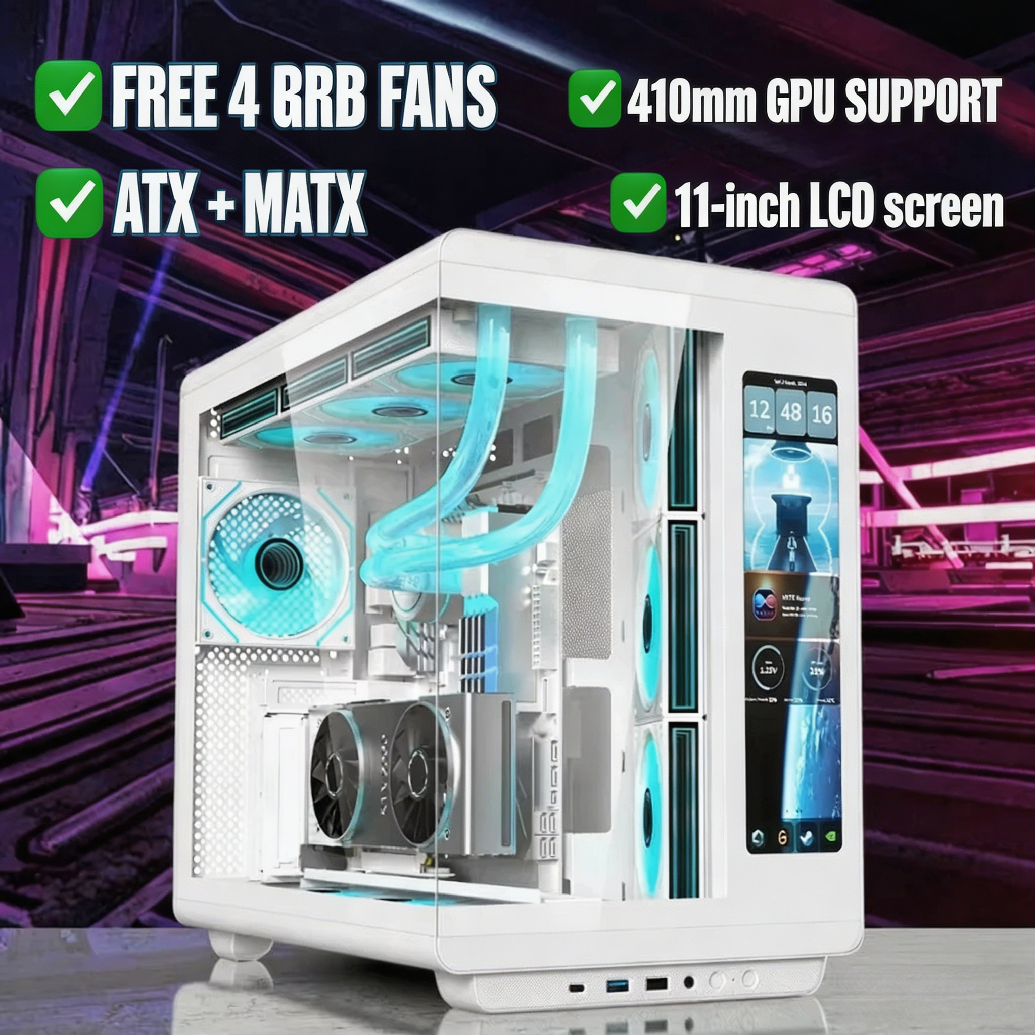 4 RGB ファン付属 LCD スクリーン付きゲーミング PC ケース、ATX MATX 強化ガラス、400mm GPU 360 液体クーラーをサポート