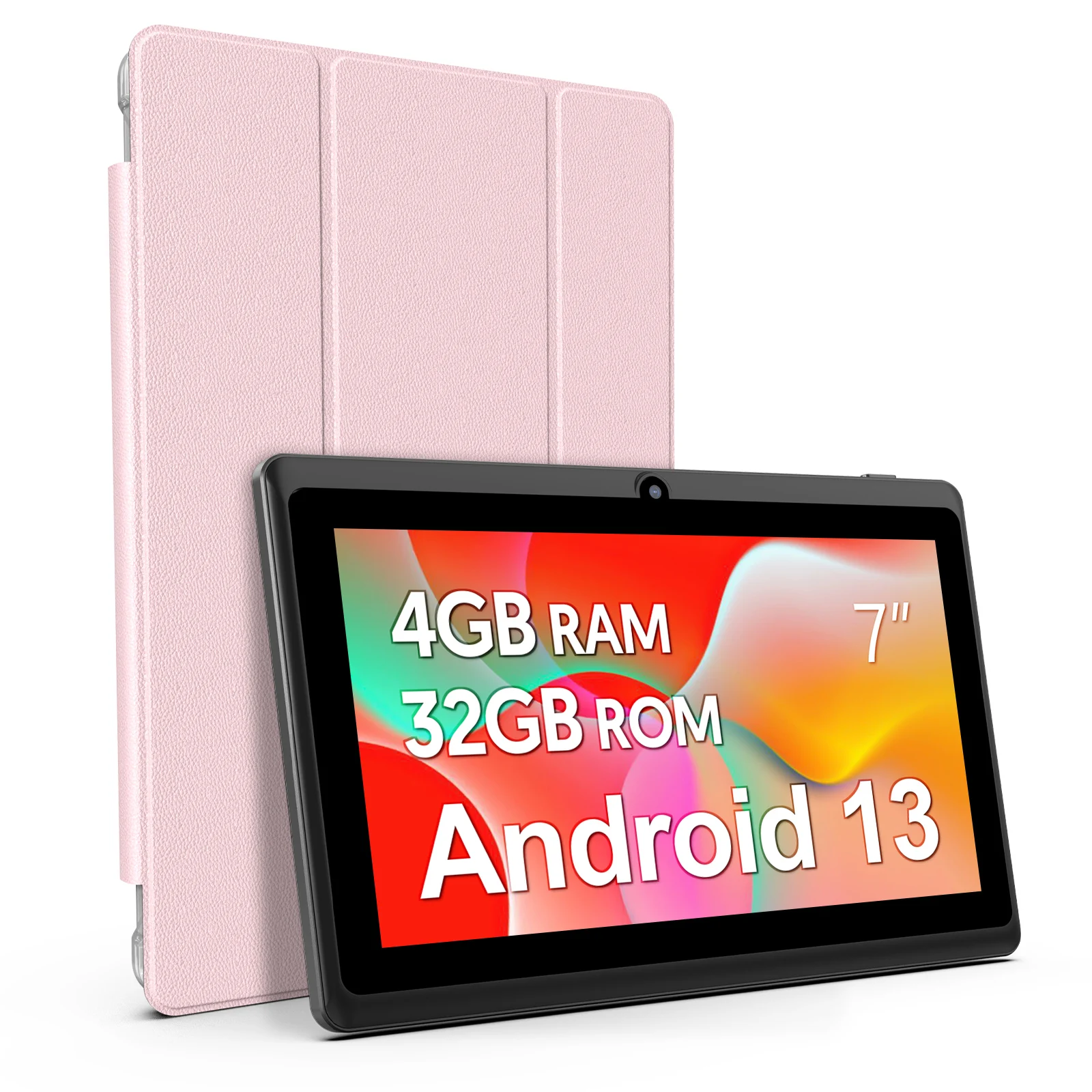 7 インチ Android 13 タブレット、4 (2 2) GB RAM、32GB ストレージ、3500mAh バッテリー、HD 1024x600 IPS ディスプレイ、デュアル カメラ、WiFi、Bluetooth