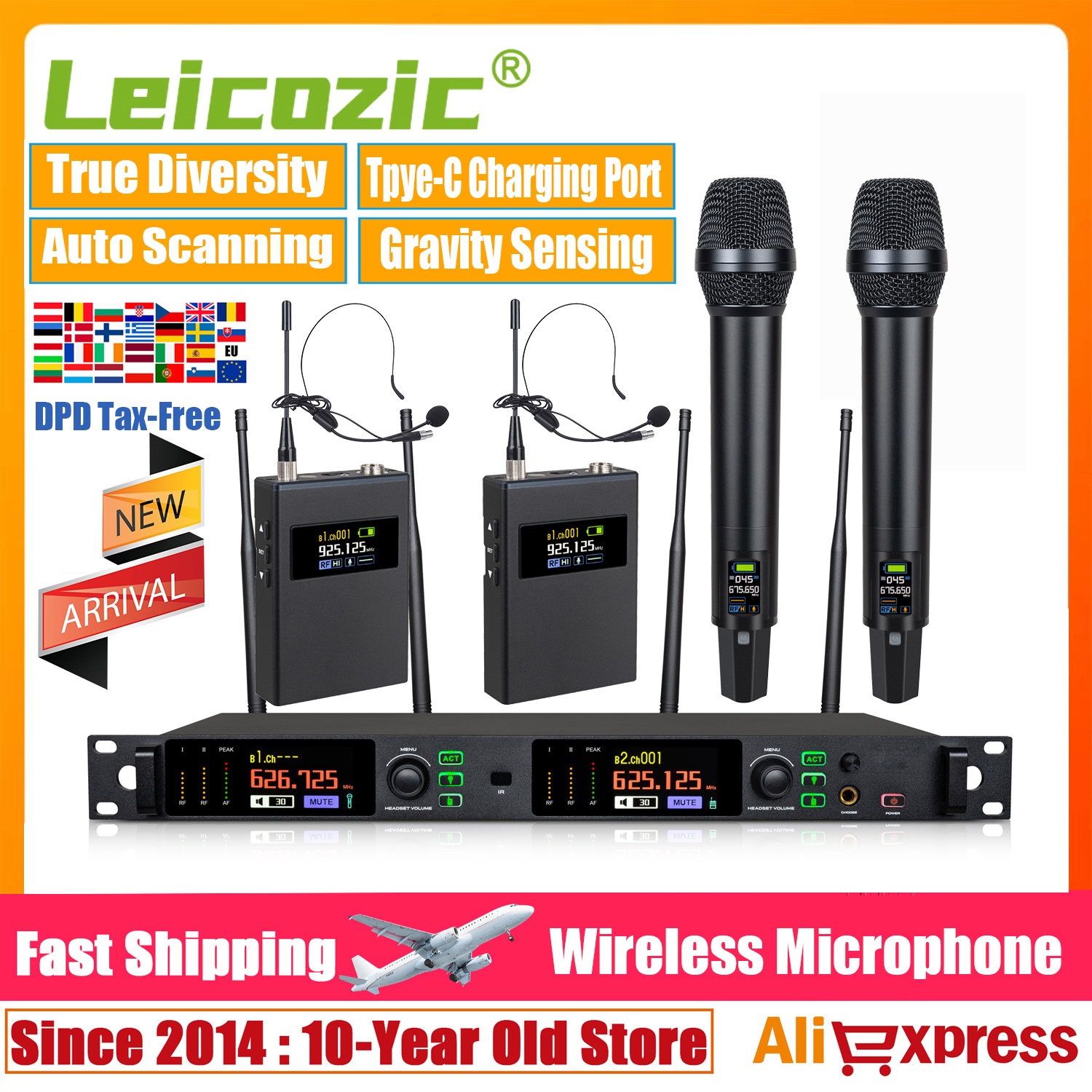 Leicozic 500/600Mhz トゥルーダイバーシティマイクワイヤレスプロフェッショナルステージマイク 30mW スペクトラムイコライザー内蔵 Type-C ADS-X2