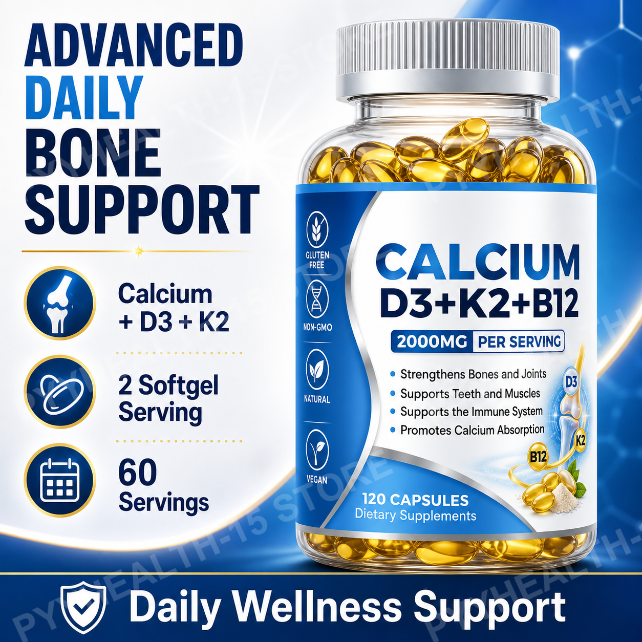 カルシウム D3 K2 B12 ソフトジェル、カルシウム 2000mg、D3 2500mcg K2 500mg、ビタミン B 400mg ブレンド、丈夫な骨歯サポート、120 カプセル
