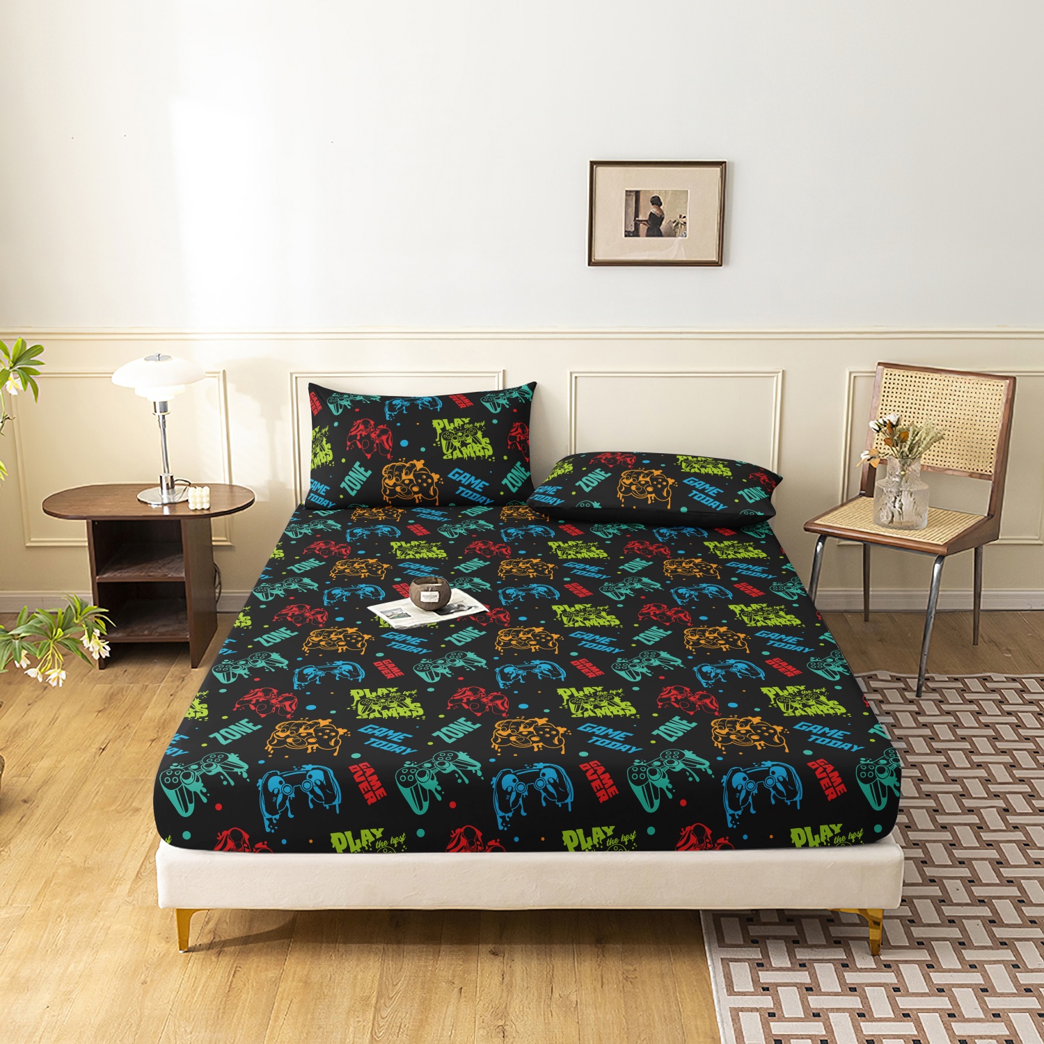 3 個セット ゲーム コントローラー グラフィティ フィット シーツ、デジタル プリント ゲーム寝具、自宅の寝室、寮、ホテルでの使用に