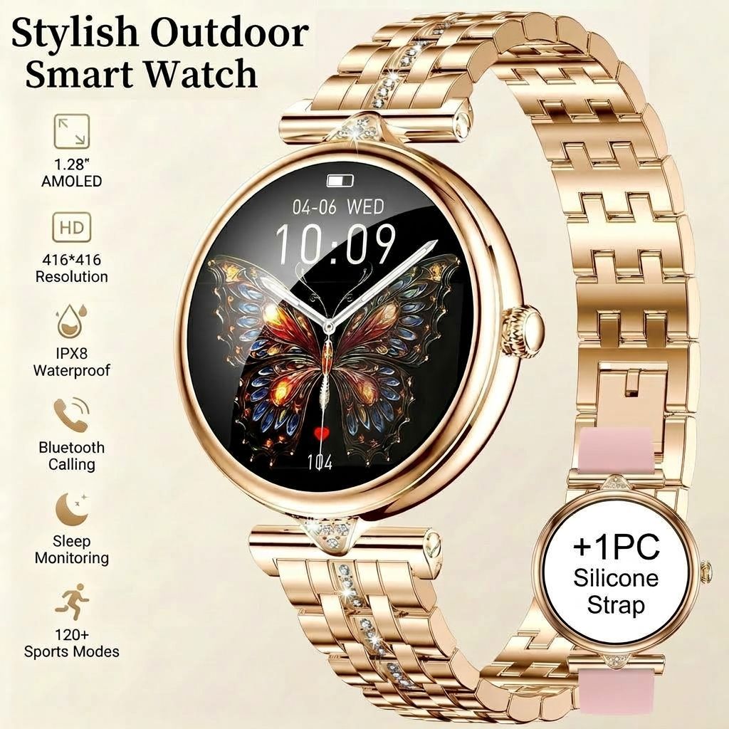 2026レディーススマートウォッチ、1.28インチ416*416 HDスクリーン、IPX8防水、120スポーツモード、ワイヤレス通話、スポーツトラック、ホリデー/クリスマスギフト