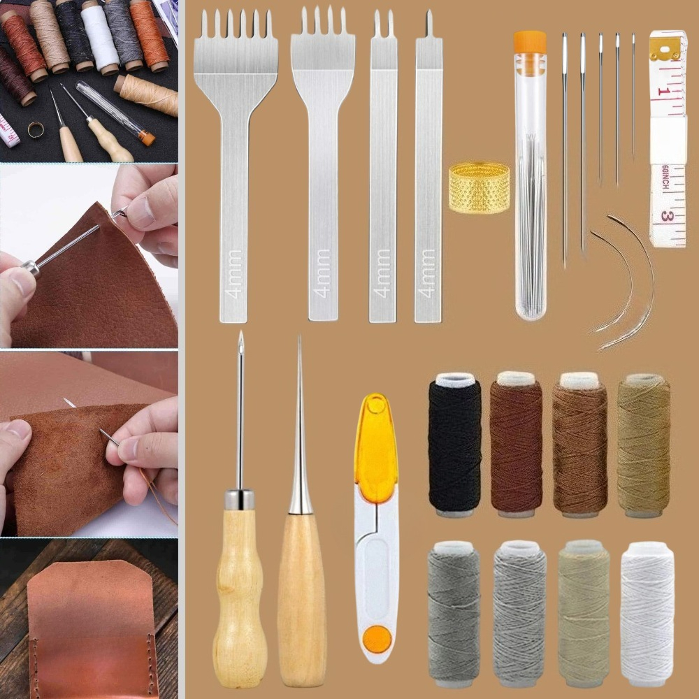 34個のレザーポーチキット、穴パンチ、裁縫道具、ワックス糸、初心者向けのクラフトプロジェクト用の大きな目のステッチ針