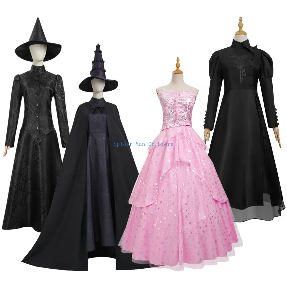 邪悪なグリンダエルファバコスプレ衣装フルセットピンクコート黒の制服ハロウィンカーニバルパーティーロールプレイ衣装