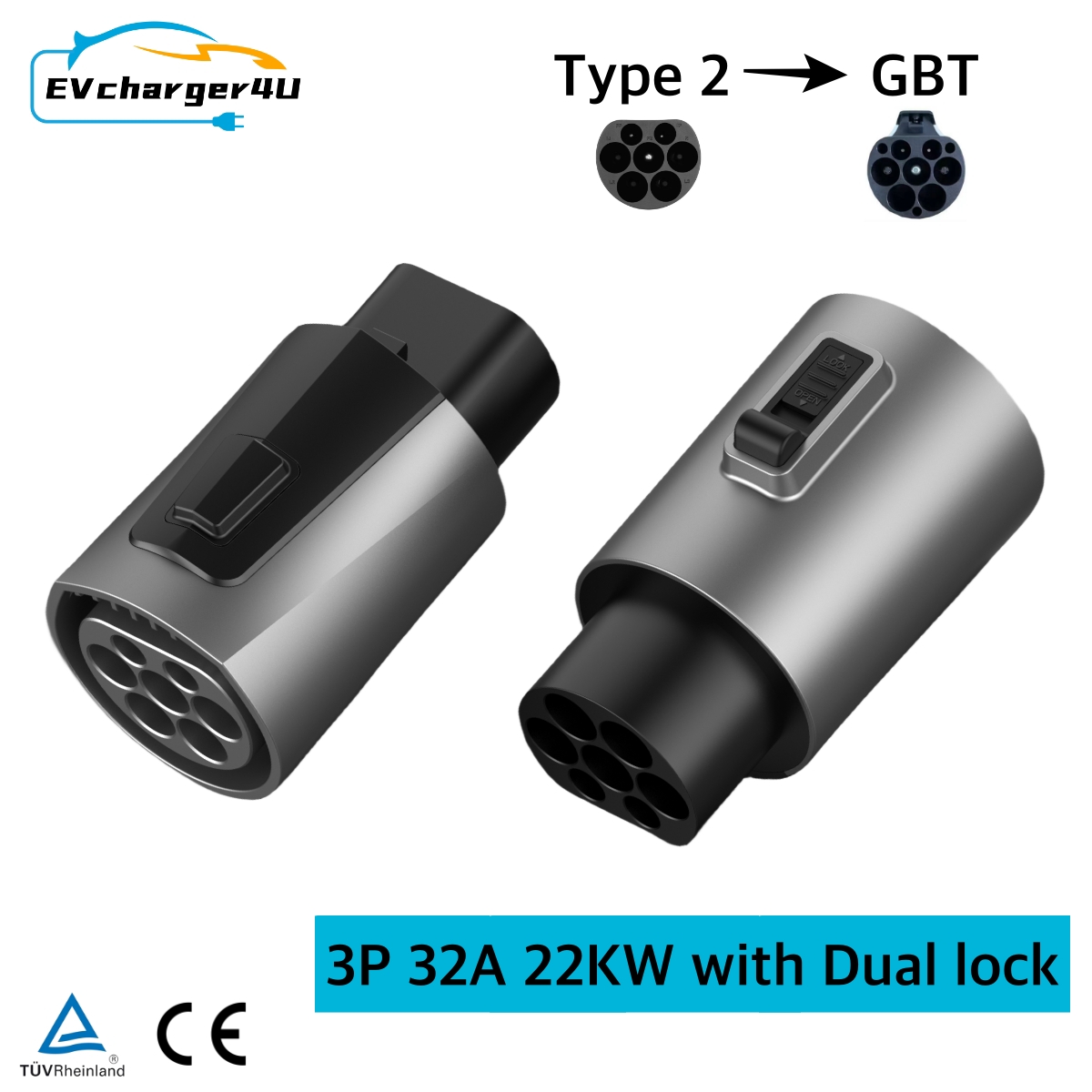 EVCharger4U IEC62196 タイプ 2 GBT EV アダプタ 3 相 32A 22KW デュアルホック付き中国ブランド EV 充電アダプタコンバータ