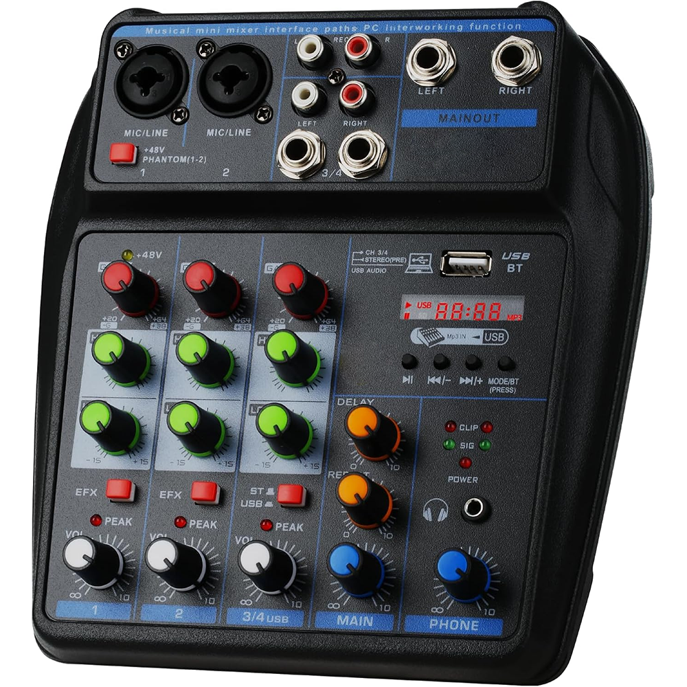 4チャンネルプロフェッショナルオーディオミキサー、Bluetooth / 48Vファンタム電源、モニタリング機能、USBライブストリーミング、K-Song、DJミキサー付き