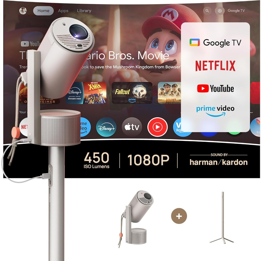 スタンドバッテリー付きポータブル屋外プロジェクター Google TV Netflix 450 ルーメン Harman Kardon スピーカー