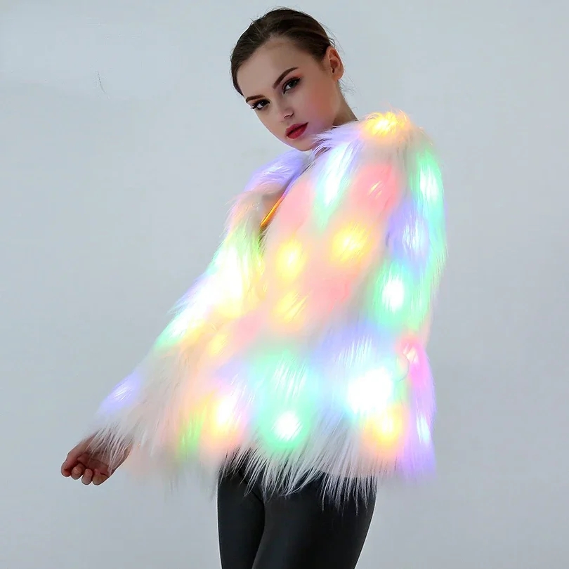 女性フェイクファーコートバレンタインコスプレ衣装 LED マルチカラー暖かいパーカーベスト光沢のある LED ジャケットライトアップパーティーダンスオーバーコート
