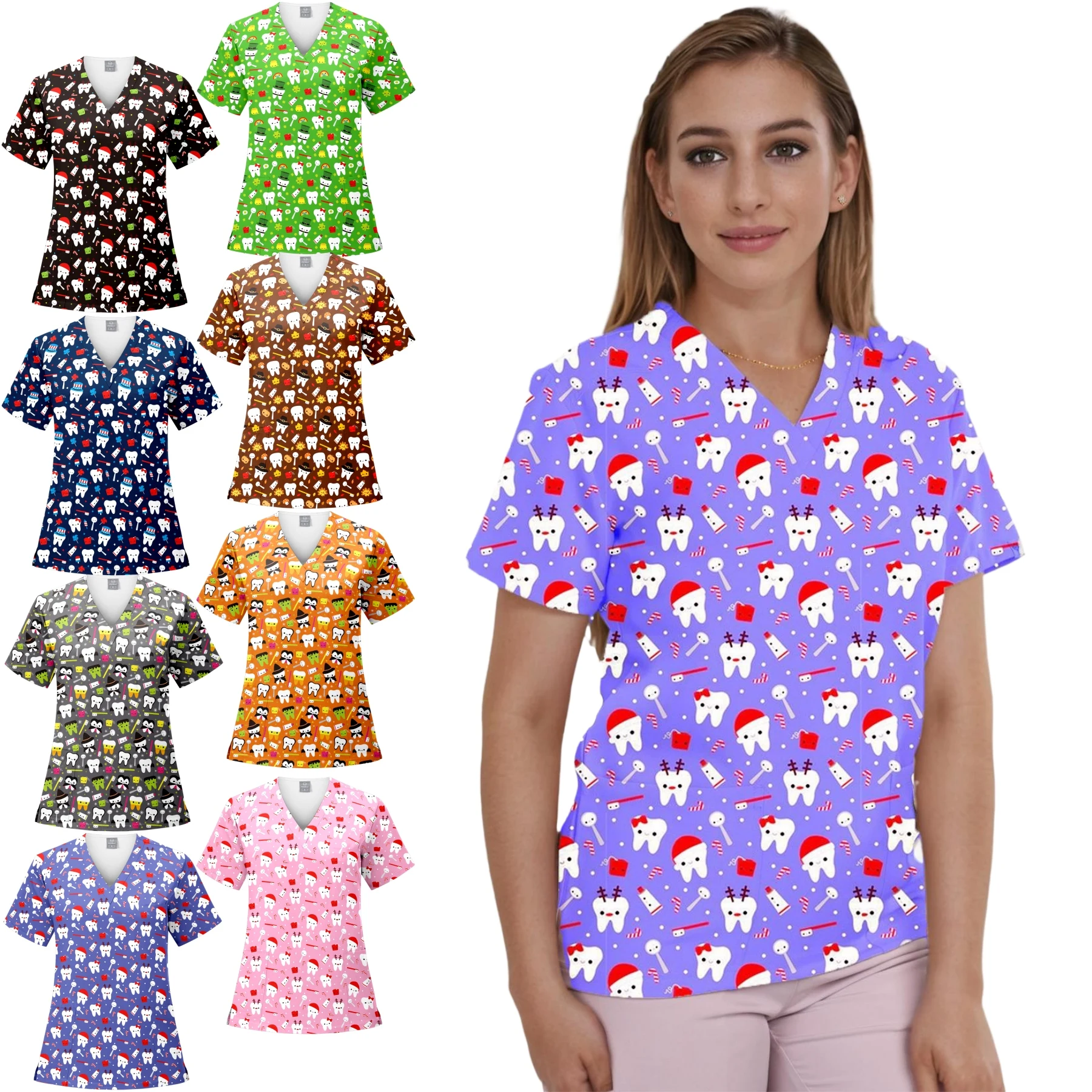 半袖看護医療衛生服サンタスクラブトップスクリスマス服 Tシャツナースブラウス V ネック手術服