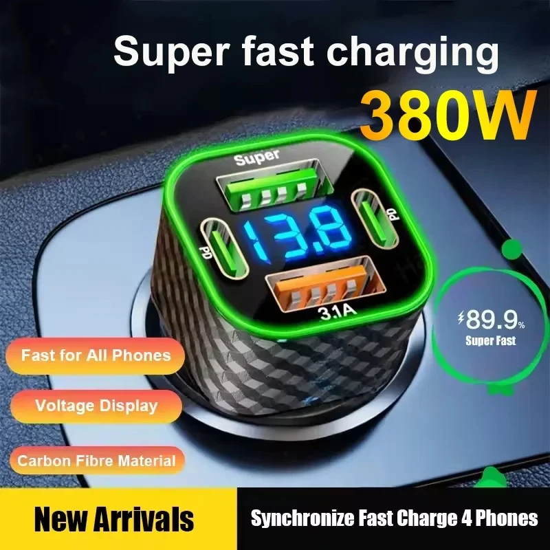 新しい 380 ワット USB C 自動車電話充電器デュアル PD 4 in 1 電圧表示付き超高速充電アダプタ iPhone Oppo Vivo Samsung 用
