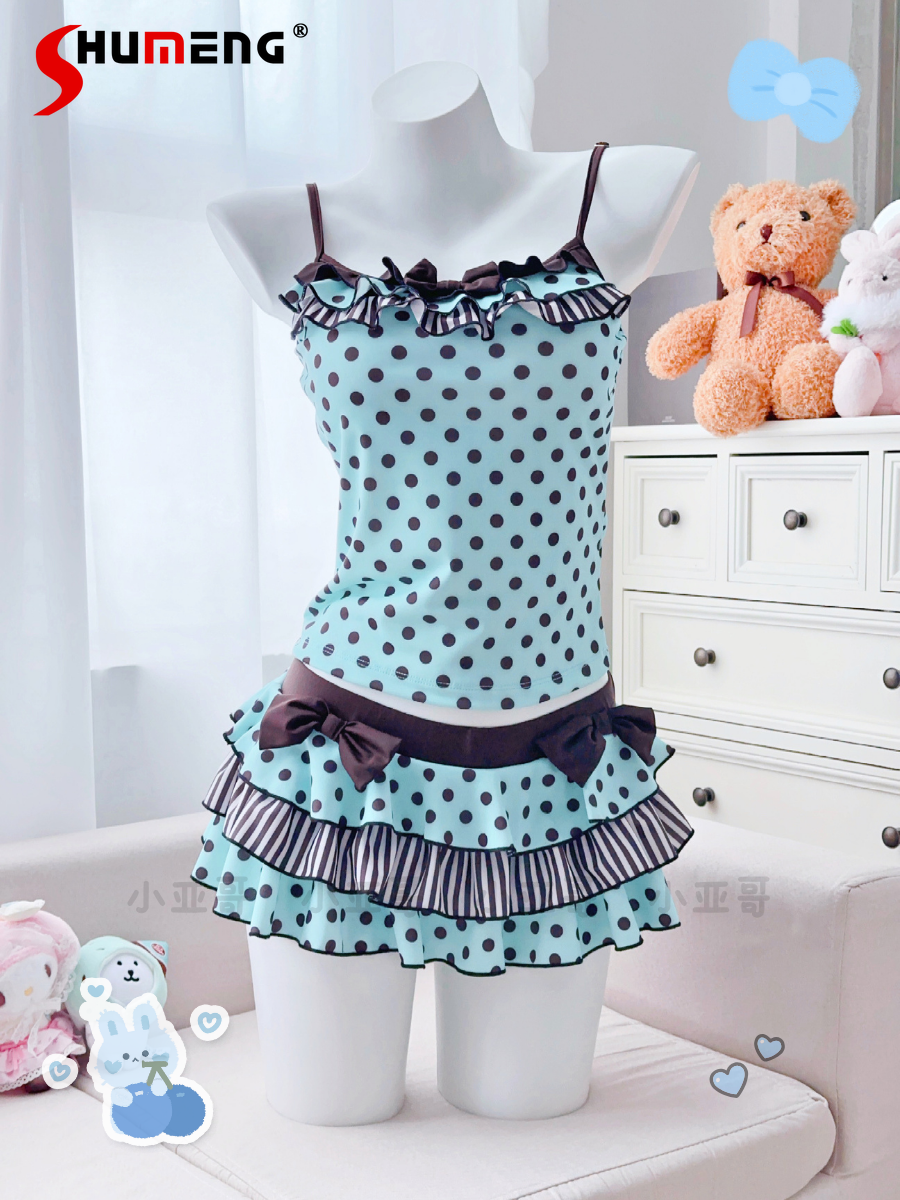 Japanese Y2k Polka Dot Print Pink Swimsuit Summer New Student Sweet Cute Swimwear Women's Bikini Casual One-piece  Bathing Suit