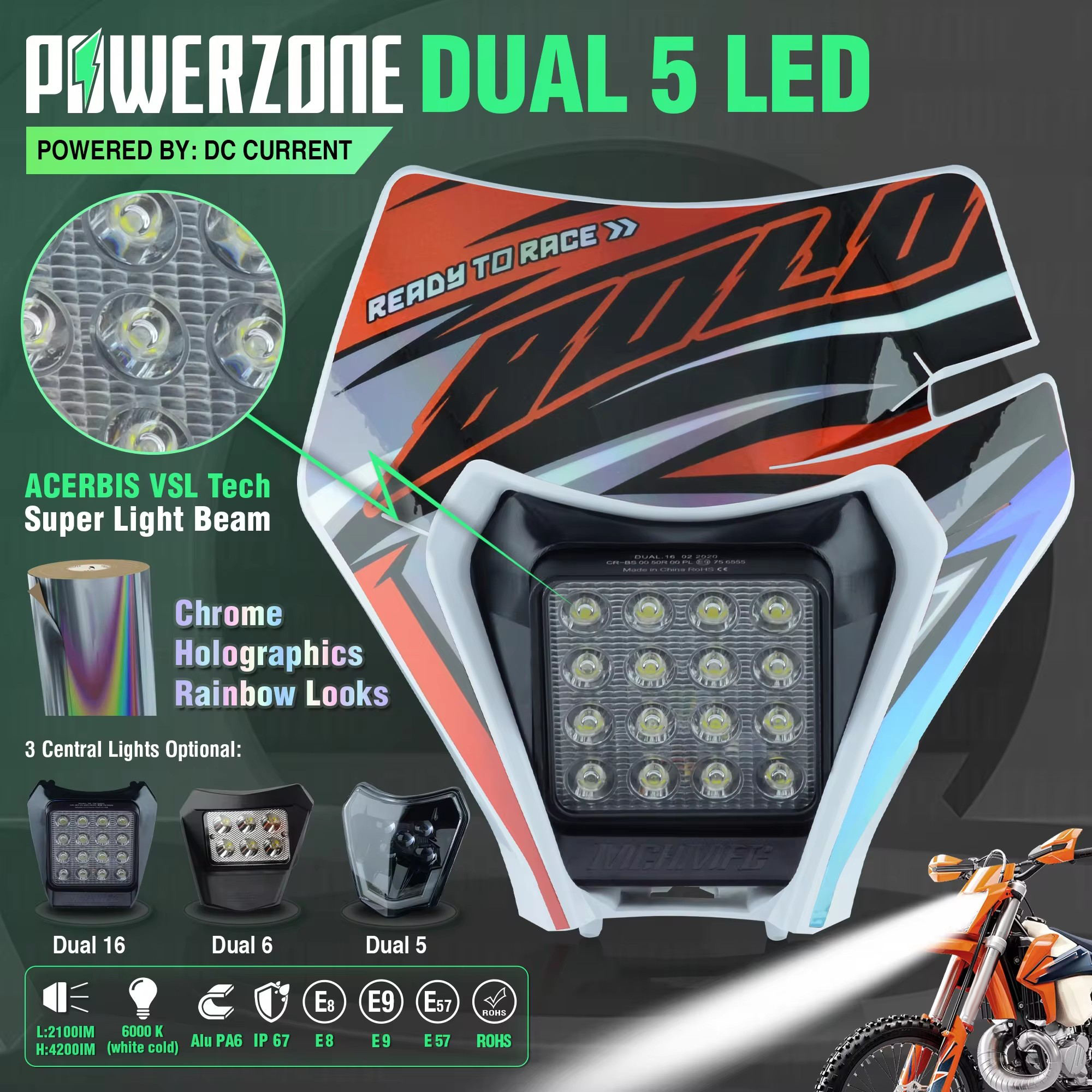 PowerZone オートバイ LED ヘッドライトヘッドランプヘッドライトスーパーモトフェアリング KTM EXC SXF MX ダートバイクエンデューロ LED ヘッドライト