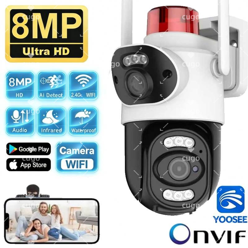 警告灯付き 8MP Wifi カメラ デュアルレンズセキュリティ ワイヤレス屋外カメラ 双方向オーディオ カラーナイトビジョン ベビーモニター
