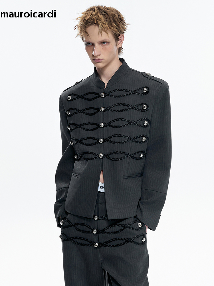 Mauroicardi 春秋黒パッチワークショートジャケット男性肩パッド 2026 エレガントシックな高級男服ブランド