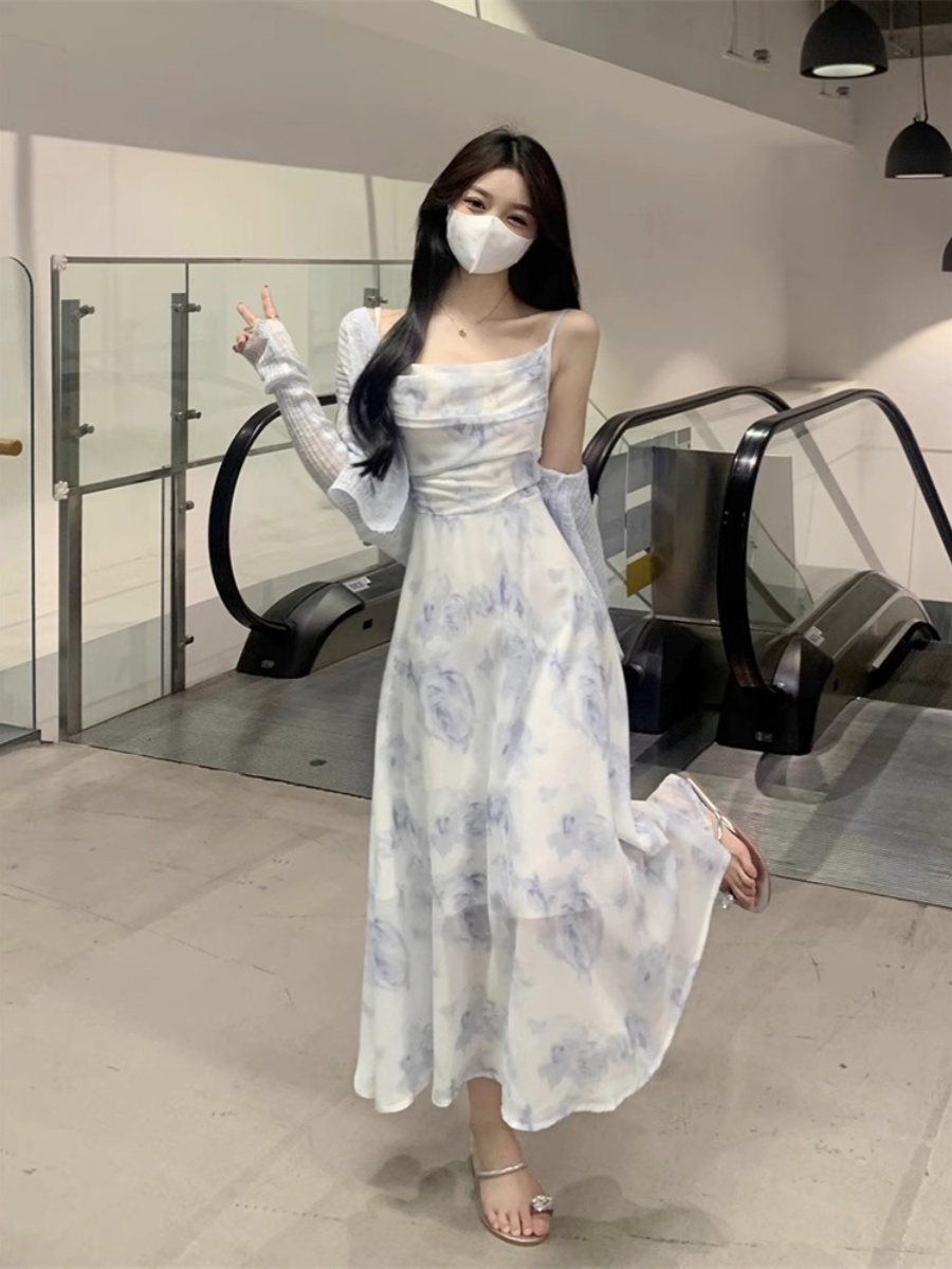 花柄シフォンホルタードレスセットニットカーディガンアウターレディースロングスカートツーピーススーツ春秋レディスタイル
