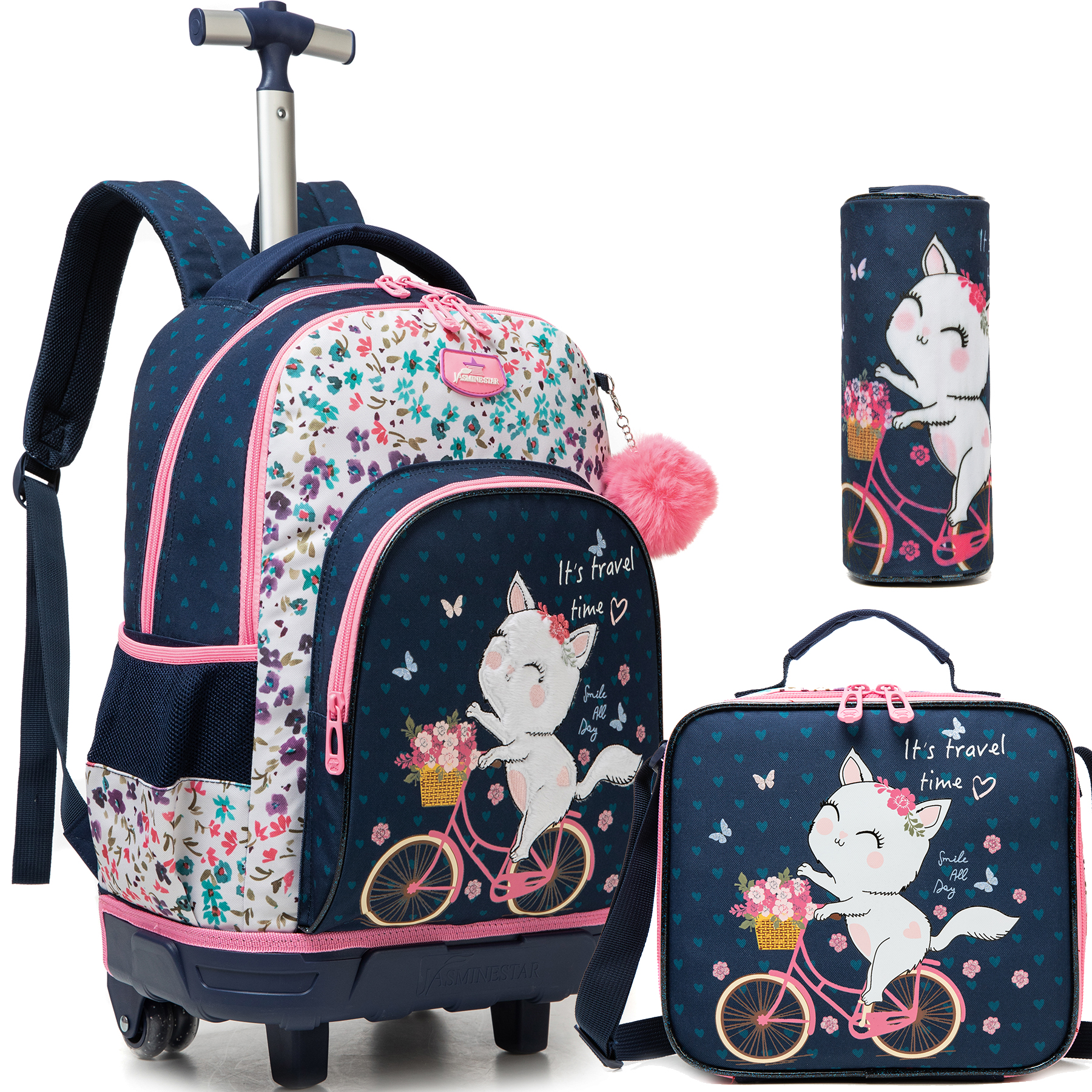 女の子用スタイリッシュなローリングバックパック3点セット、車輪付きの荷物ランチバッグ、鉛筆ケース付きの女の子に最適、学校旅行用