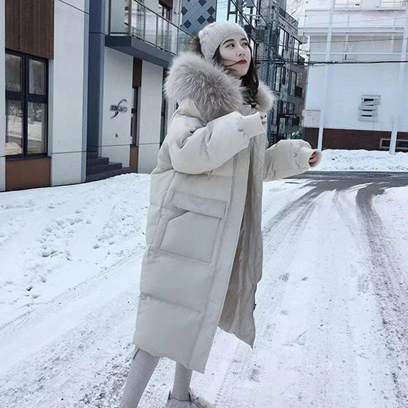 冬のダウンコットンジャケット女性の冬のフード付きフェイクファー襟コート暖かいパーカー雪生き抜く特大ロング冬ジャケット C363