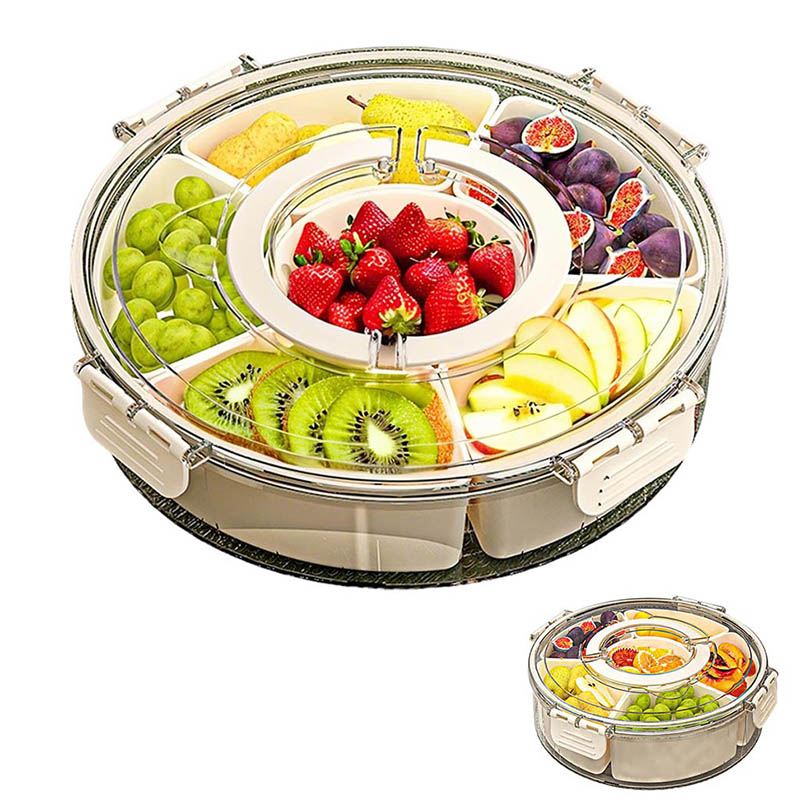 蓋とハンドル付き分割回転サービングトレイ、フルーツスナック野菜シャルキュトリー用ポータブルスナックボックス、クリアスナックスピン