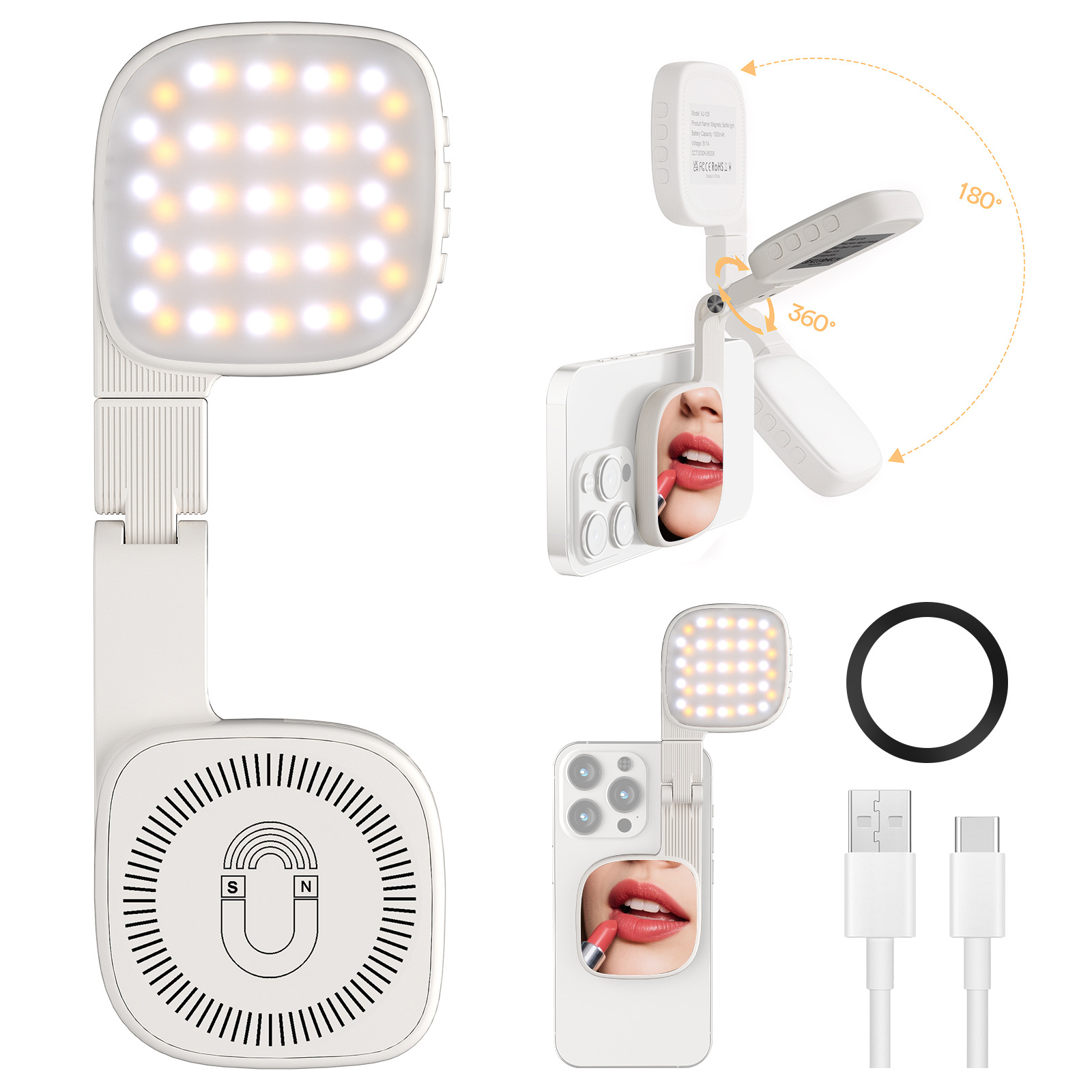 携帯電話用磁気自撮りライト、[MagSafe 対応] CRI95、3 モード、45 LED、折りたたみミラー付き 360 度回転可能な電話ライト、Zoom メイクアップビデオ会議用ポータブル自撮りリングライト