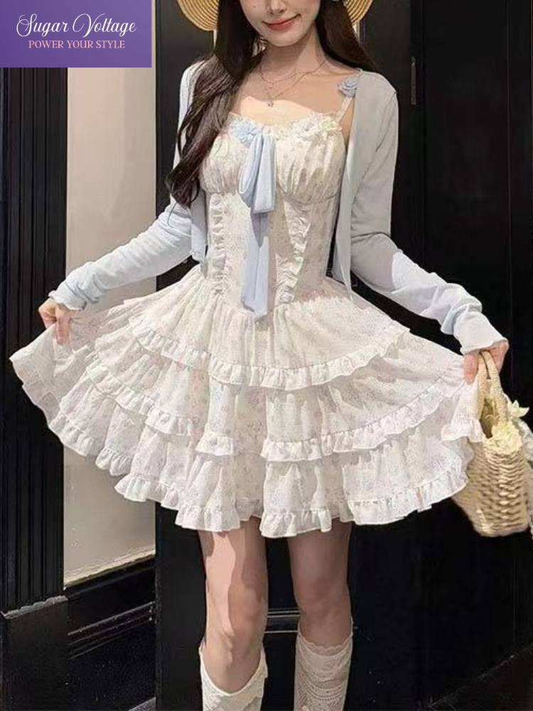 フレンチスイートジェントル 2 点セット女性スリム花キャミティアードドレス日焼け防止カーディガン夏カジュアルファッションシックな衣装
