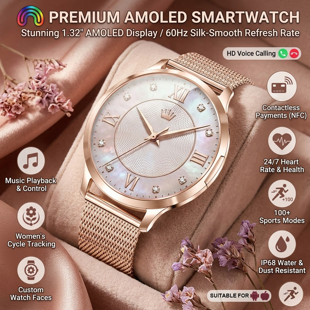 2026New 超薄型女性スマートウォッチ HD AMOLED フルタッチスクリーン Bluetooth 通話血圧 IP68 防水 NFC 7.3 ミリメートルブレスレット