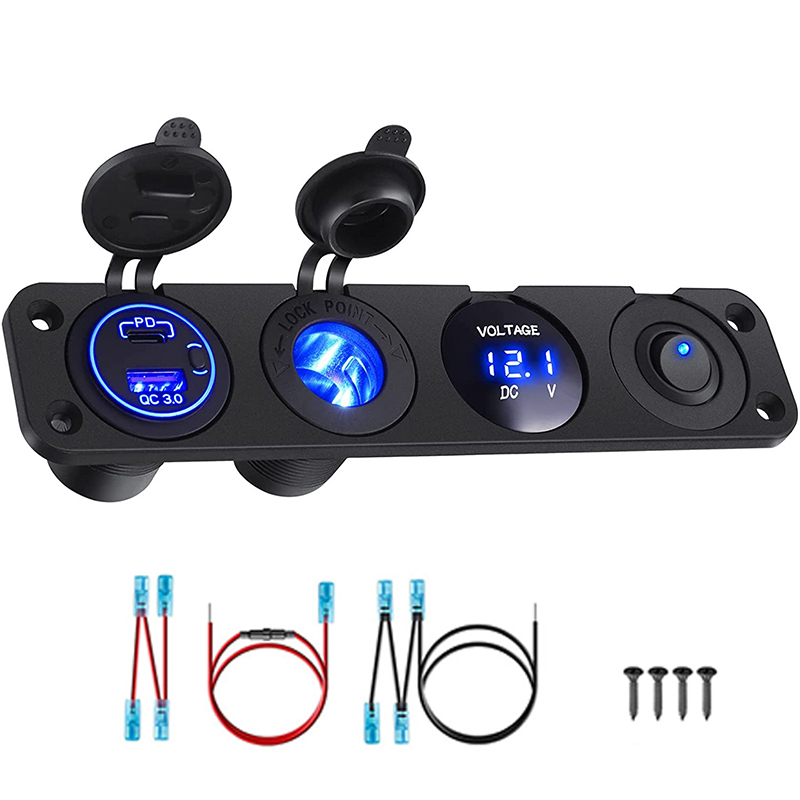 4 in 1 パネル PD QC3.0 USB 車の充電器 LED 電圧計シガーライターソケット電源コンセントトグルスイッチトラック車ボート RV