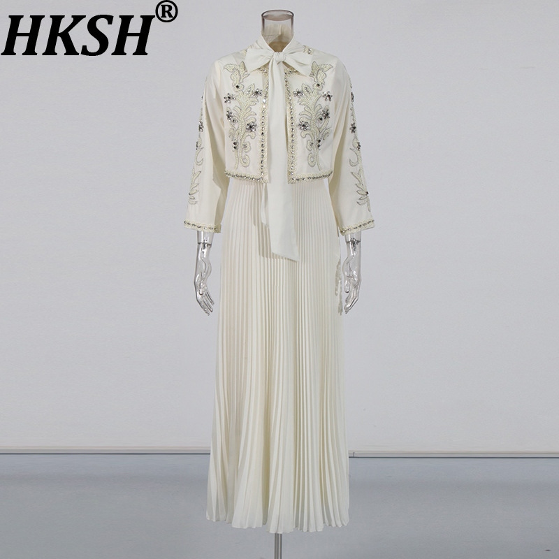 HKSH 春秋の新女性ドレスセットツーピースビーズスタッズダイヤモンドショートジャケットノースリーブプリーツドレスエレガント HK13642