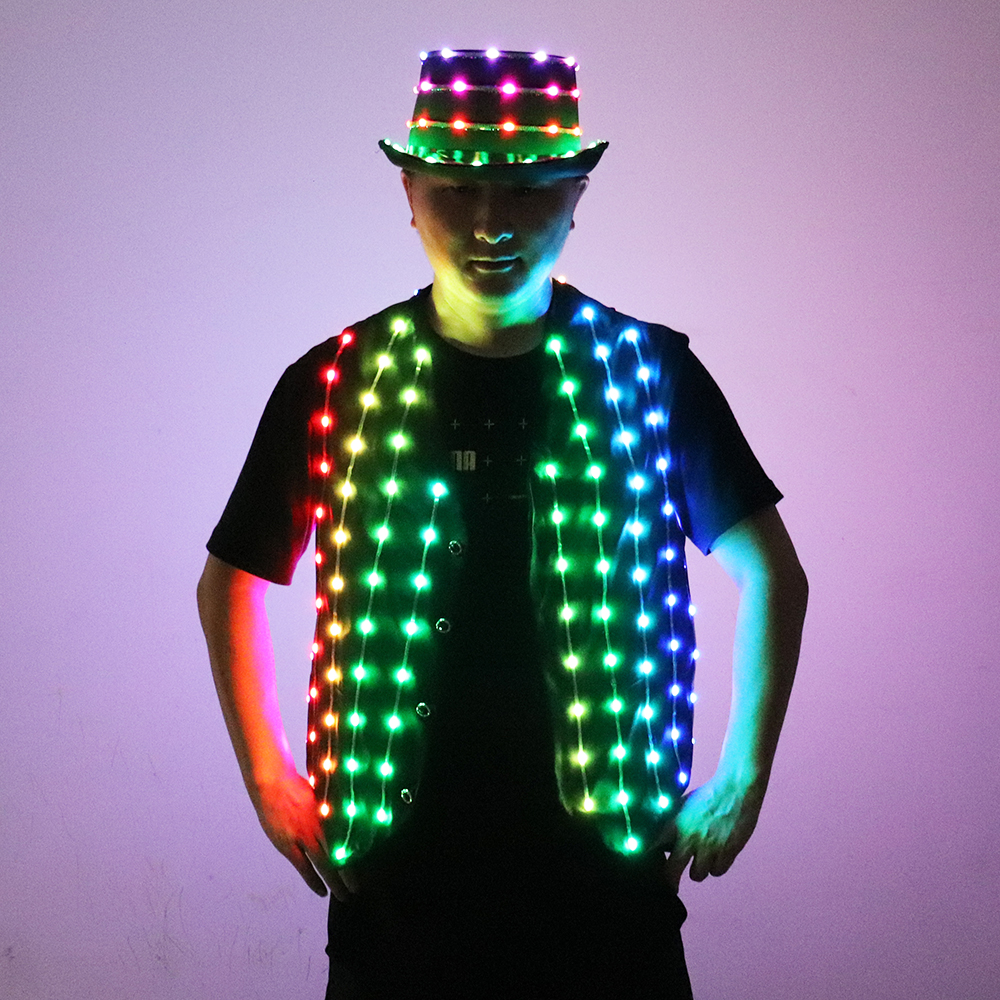 フルカラー LED ベストと帽子ファッションシニアホスト光る衣装スーツ DJ 歌手ダンサーパフォーマーステージ発光ジャケット