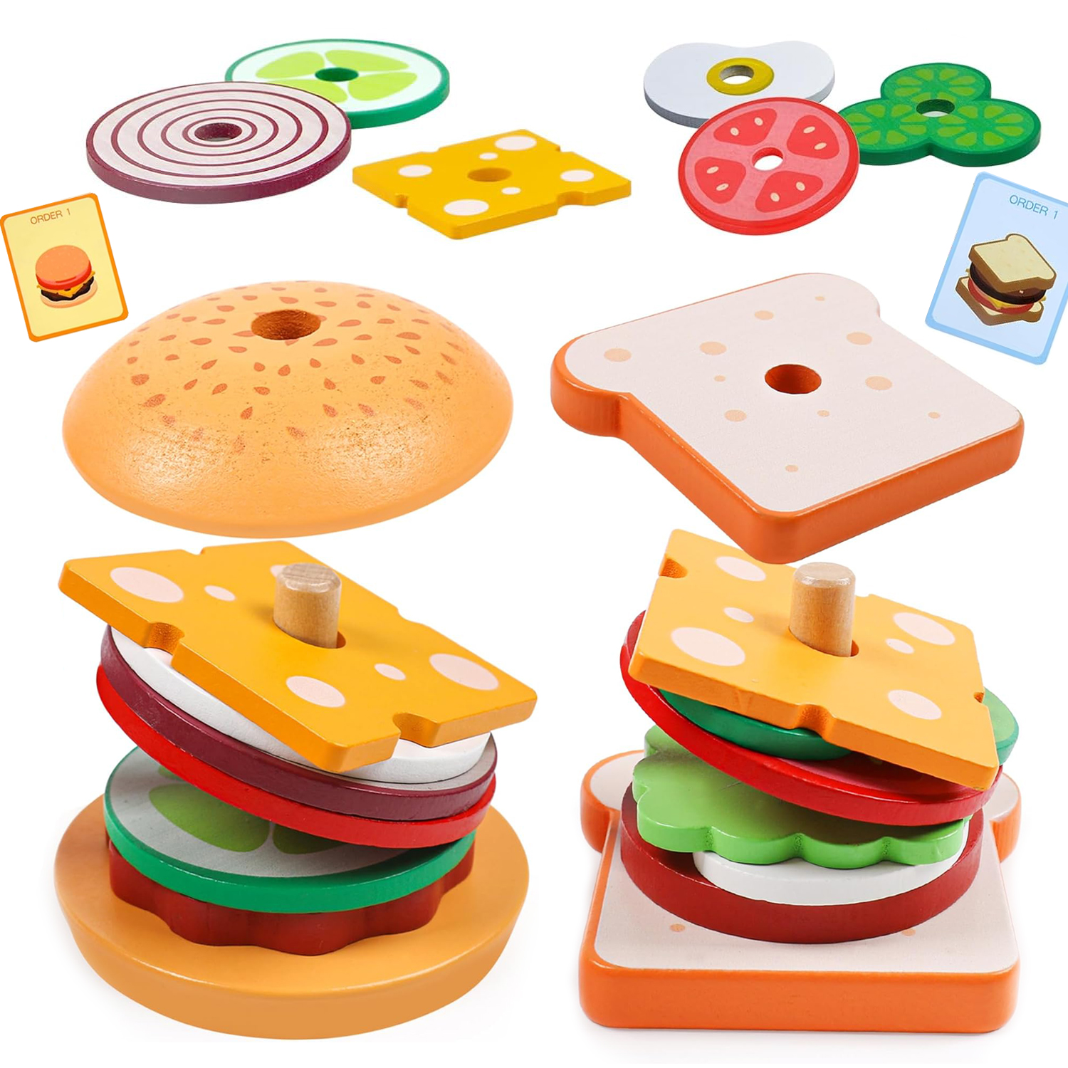 木製バーガーサンドイッチスタッキングおもちゃ幼児子供のための就学前学習知育玩具ごっこ遊び食品キッチンおもちゃギフト