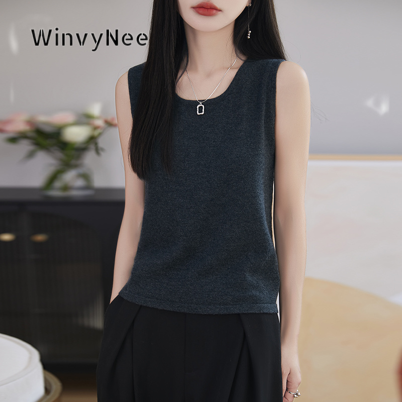 WinvyNee 女性ピュアウール O ネックセーターベスト固体テーラードソフトニットノースリーブチョッキファッションストリートトップス ZC1223006