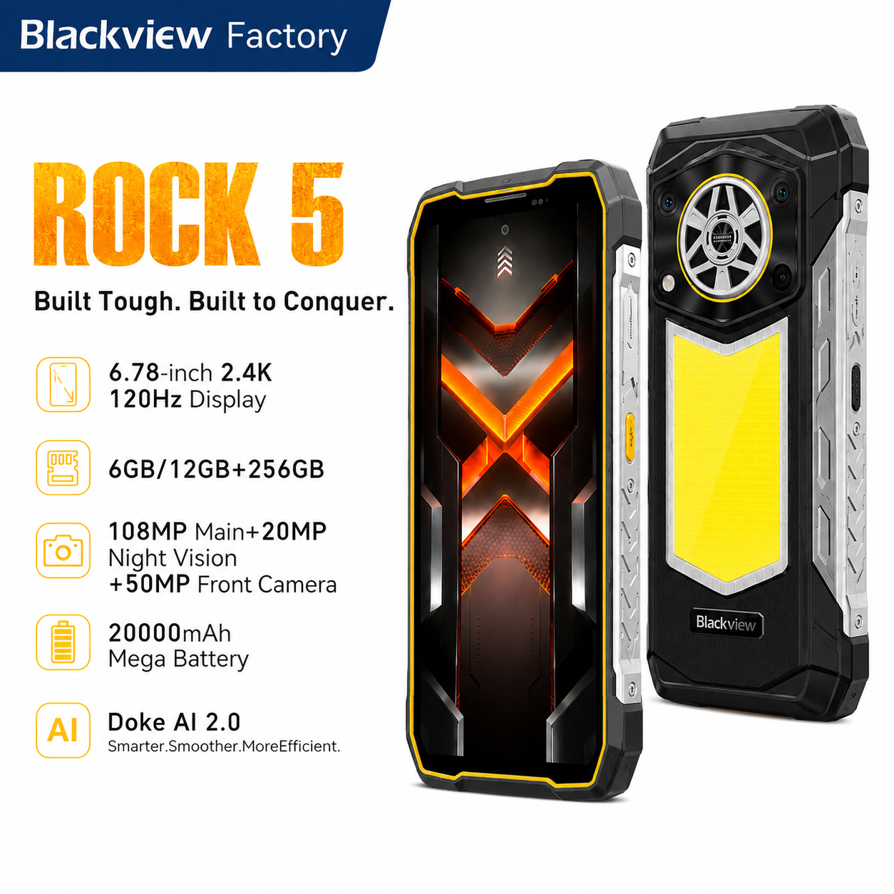 グローバルバージョン Blackview ROCK 5 頑丈なスマートフォン Android 16 6.78 ''2.4K ディスプレイキャンプランタン 20000mAh 108MP NFC 携帯電話