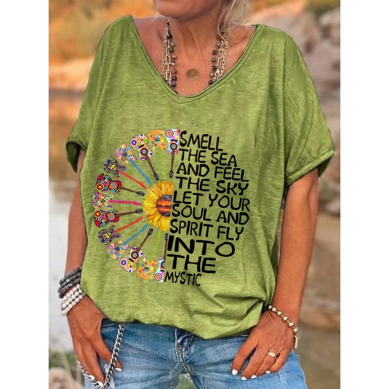 ヒッピー クラシック Tシャツ レディース V ネック Tシャツ 半袖 トップス カジュアル ルーズ プリント Tシャツ