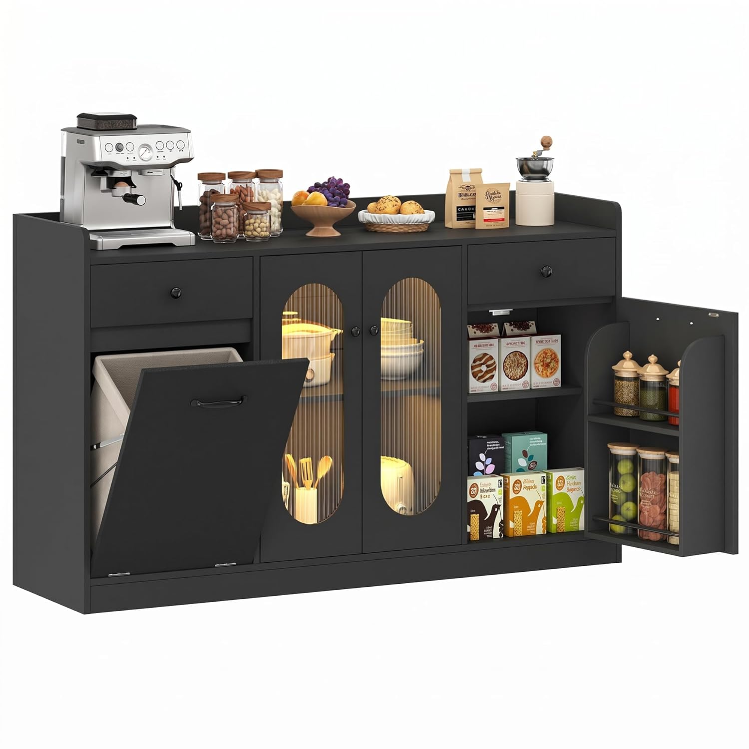 Rongguang 54インチ モダンキッチン コーヒーバーキャビネット 収納付き サイドボードビュッフェ 12ガロン隠しゴミ箱付き LED カスタマイズ