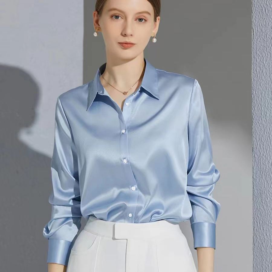 オールマッチサテン仕上げのシャツとブラウス女性服カジュアルトップ OL 長袖ボタンエレガントなシャツフレンチソリッドブラウス