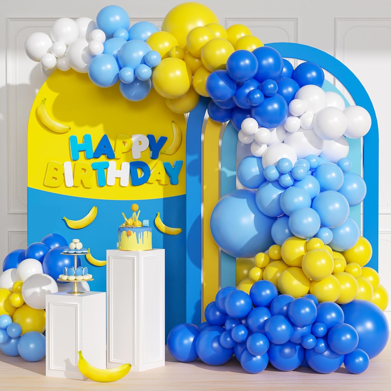 青黄白風船ガーランドアーチキットミニオン漫画テーマ誕生日ベビーシャワーウェディングパーティーの装飾用品